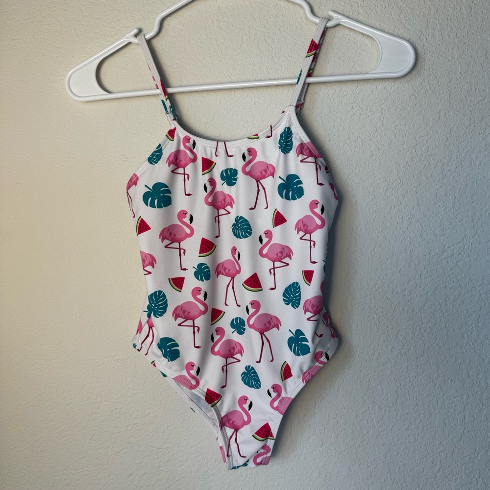 Girls Swimsuit, One piece, Bright and Fun Pink Flamingo and Leaf Print, Sz 9Y
